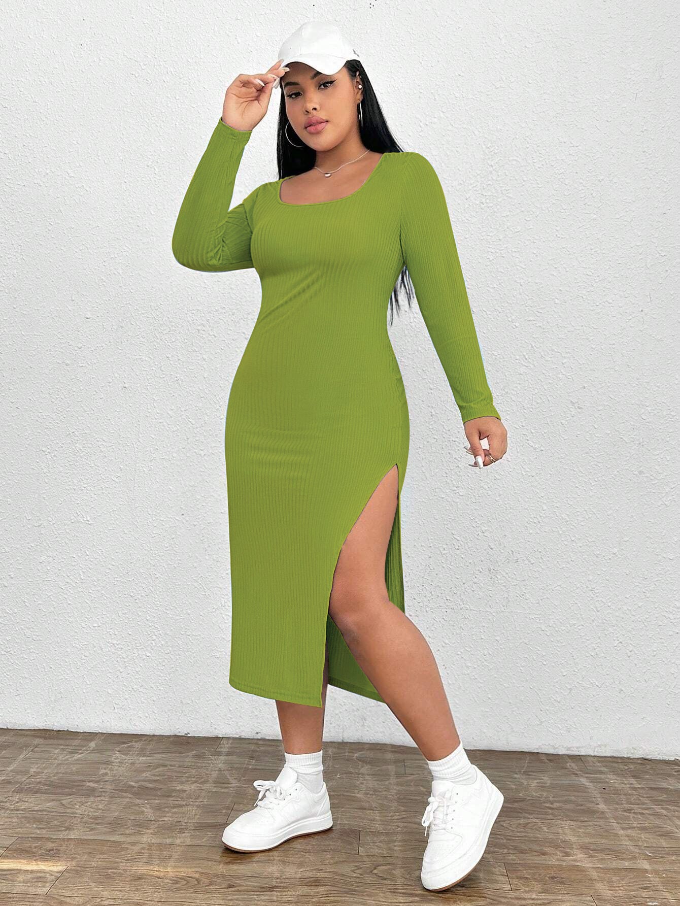 Square Collar Knitted Long Sleeved Dress