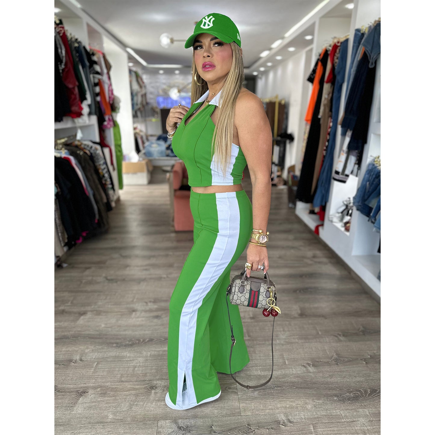 Contrast Color V neck Two Piece Pants Set