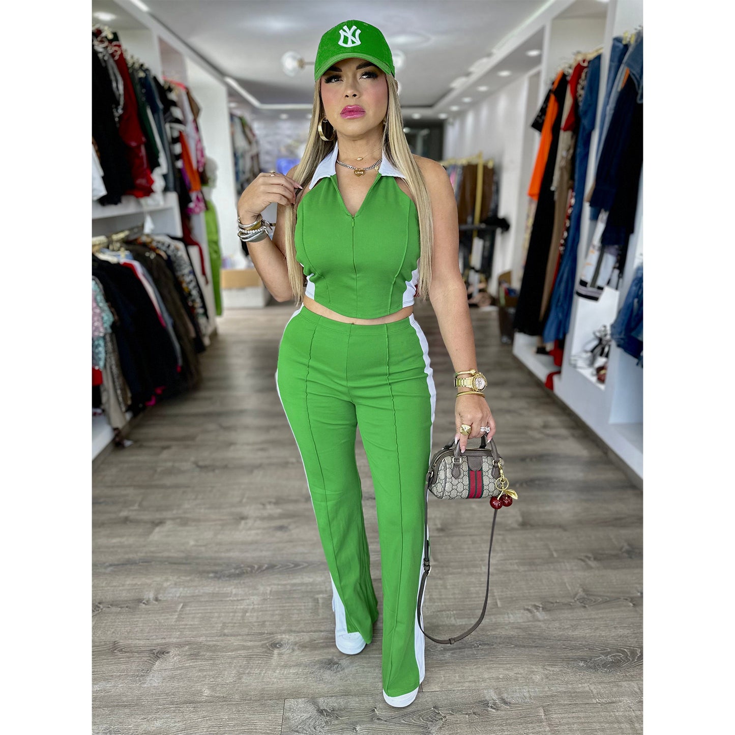 Contrast Color V neck Two Piece Pants Set