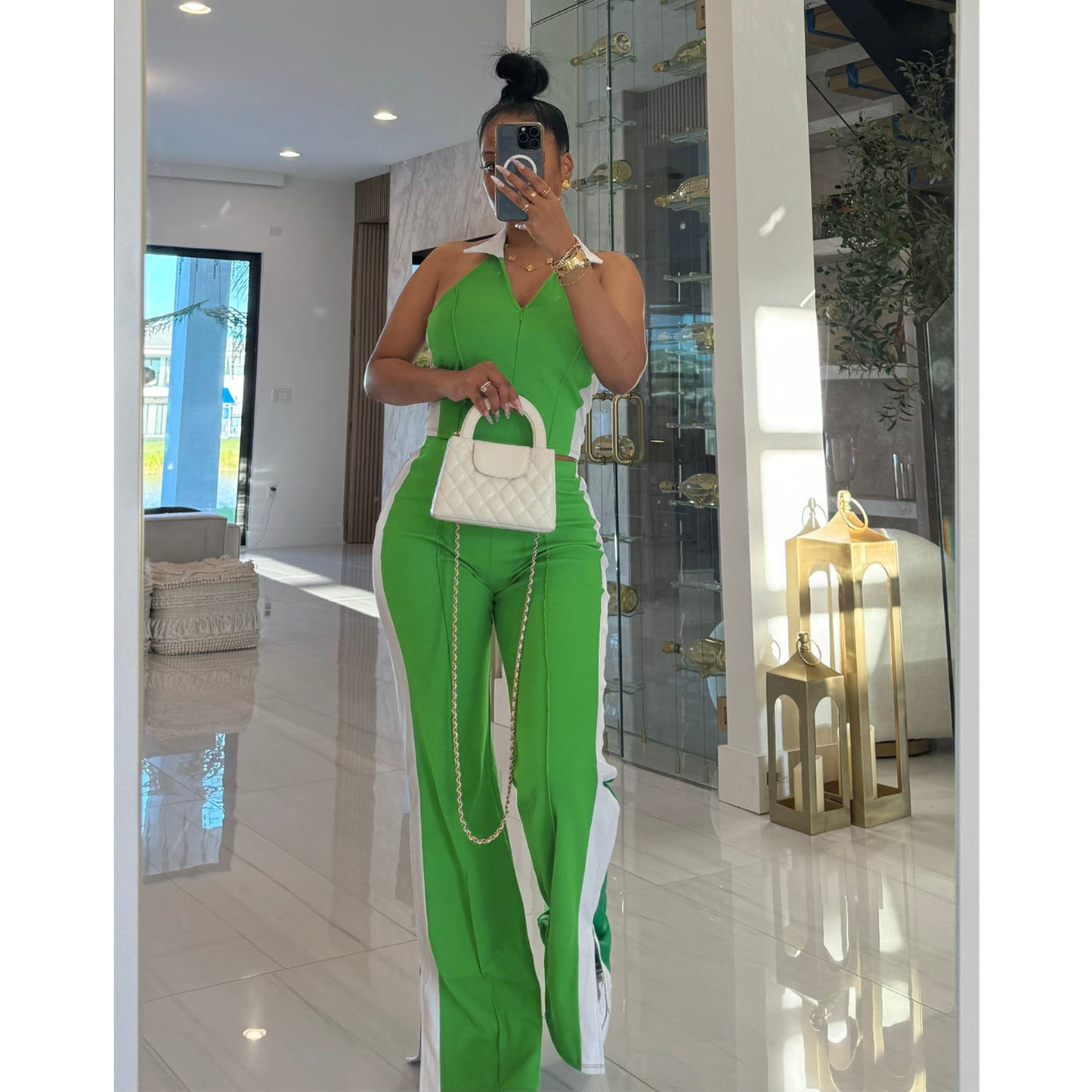 Contrast Color V neck Two Piece Pants Set