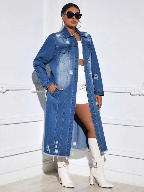 Ripped Long Sleeves Trench Denim