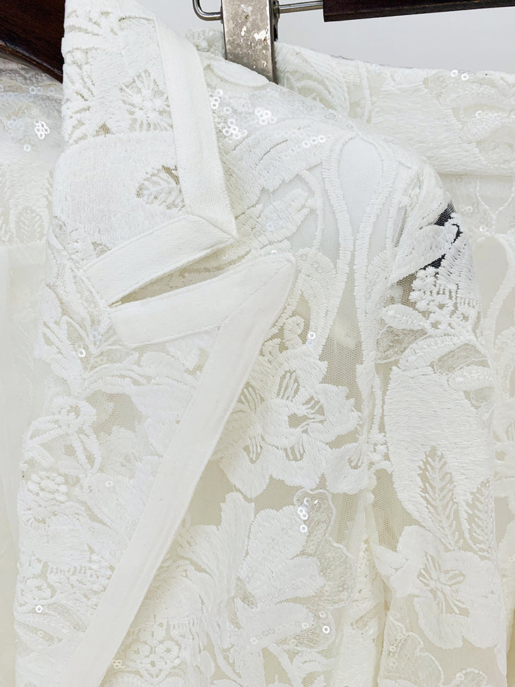 Two Piece Mesh Embroidery Blazer Suit