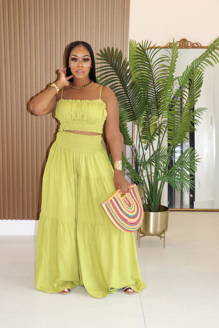 Summer Autumn plus Size Solid Color Suspender Top plus Loose Wide Leg Pants Two Piece Sets