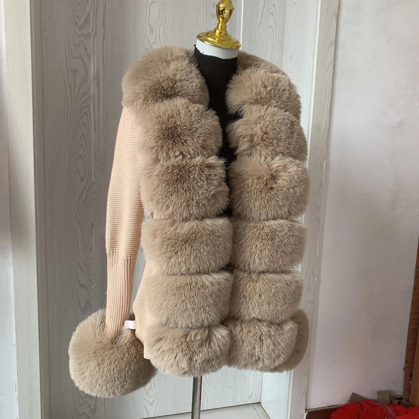Faux Fur Knit Sweater Cardigan with Faux Fox Fur Collar Ladies Coat