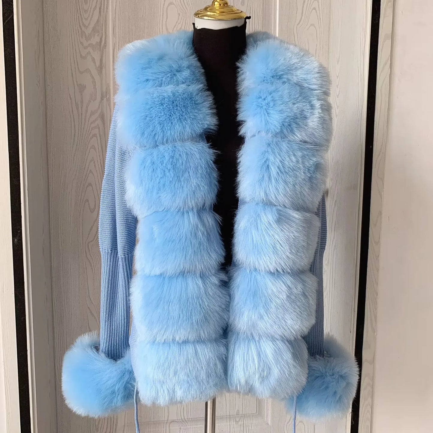 Faux Fur Knit Sweater Cardigan with Faux Fox Fur Collar Ladies Coat