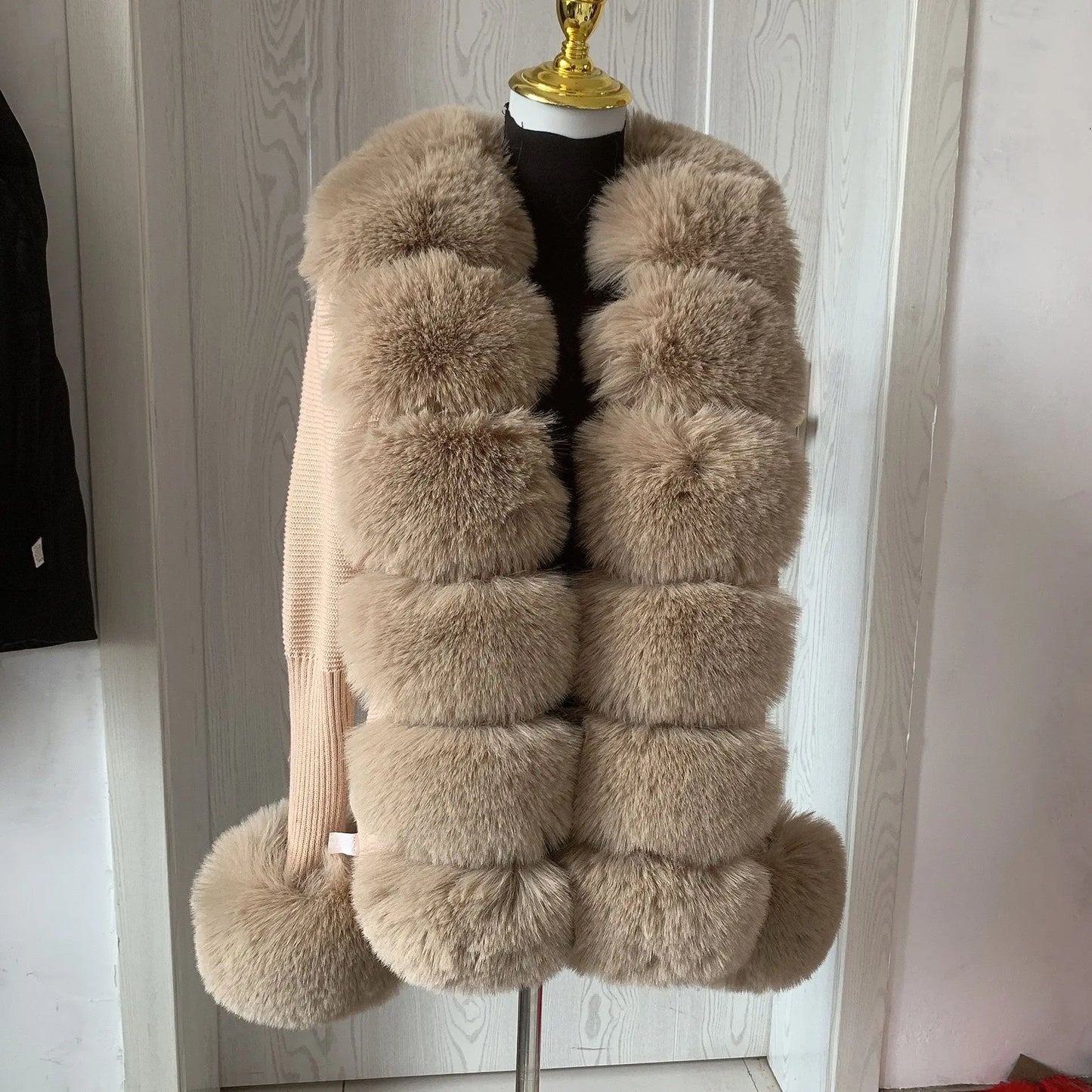 Faux Fur Knit Sweater Cardigan with Faux Fox Fur Collar Ladies Coat