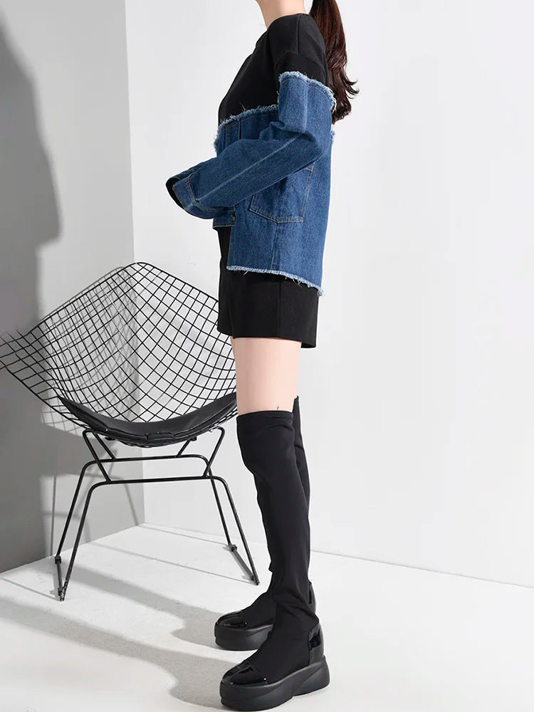 Denim Burr Split Asymmetrical Sweatshirt