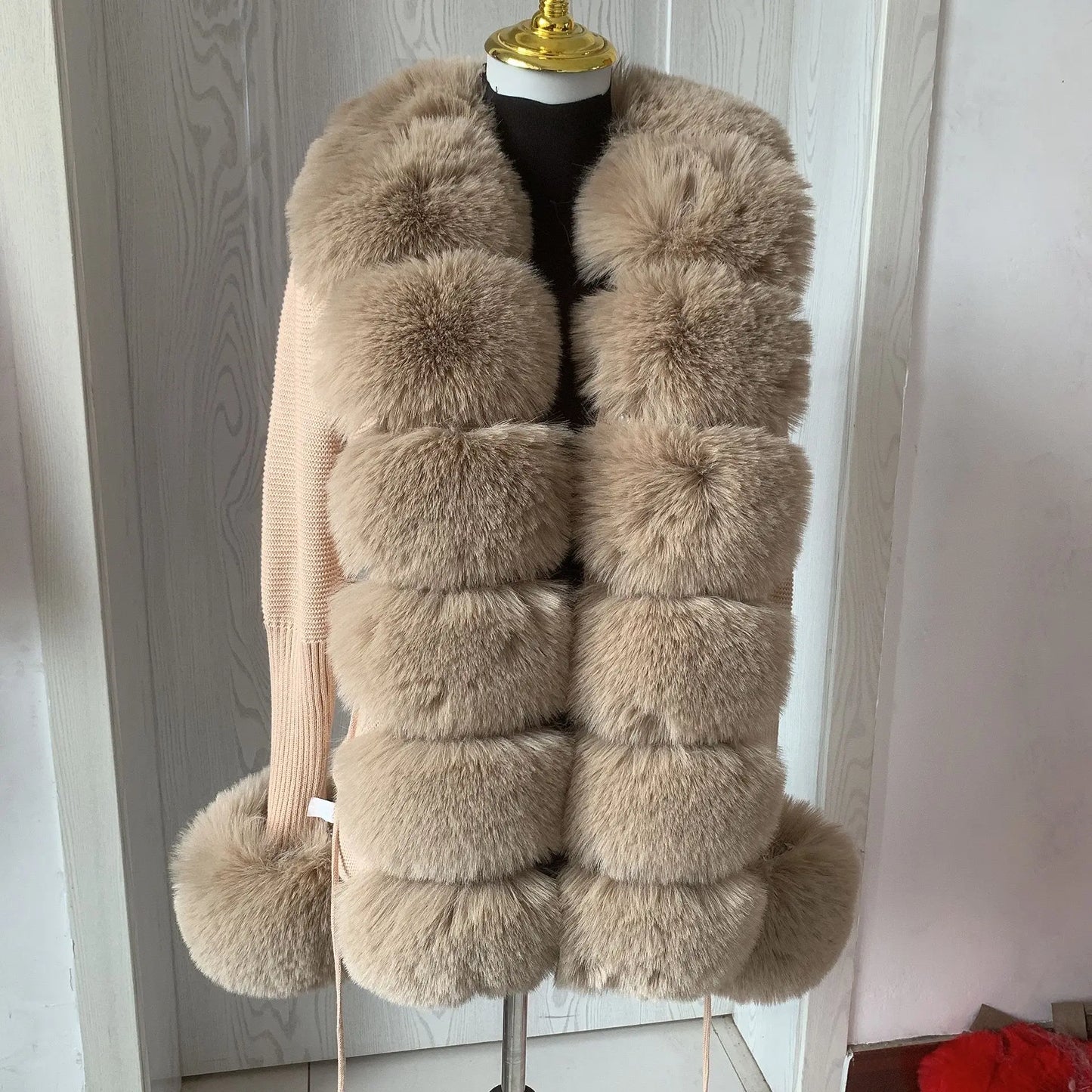 Faux Fur Knit Sweater Cardigan with Faux Fox Fur Collar Ladies Coat