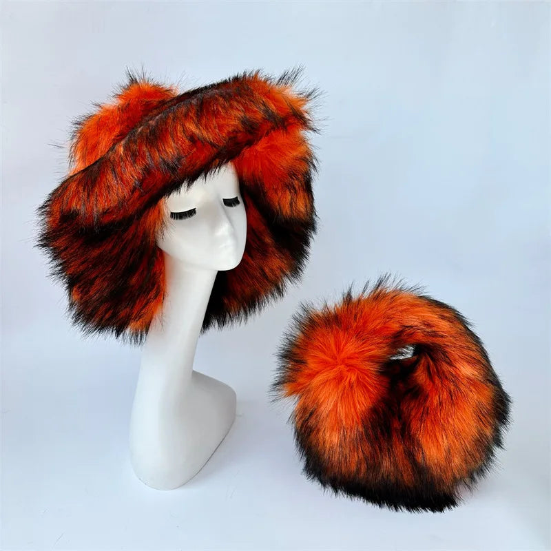 Fluffy Oversized Y2K Bucket Hat & Fur Bag