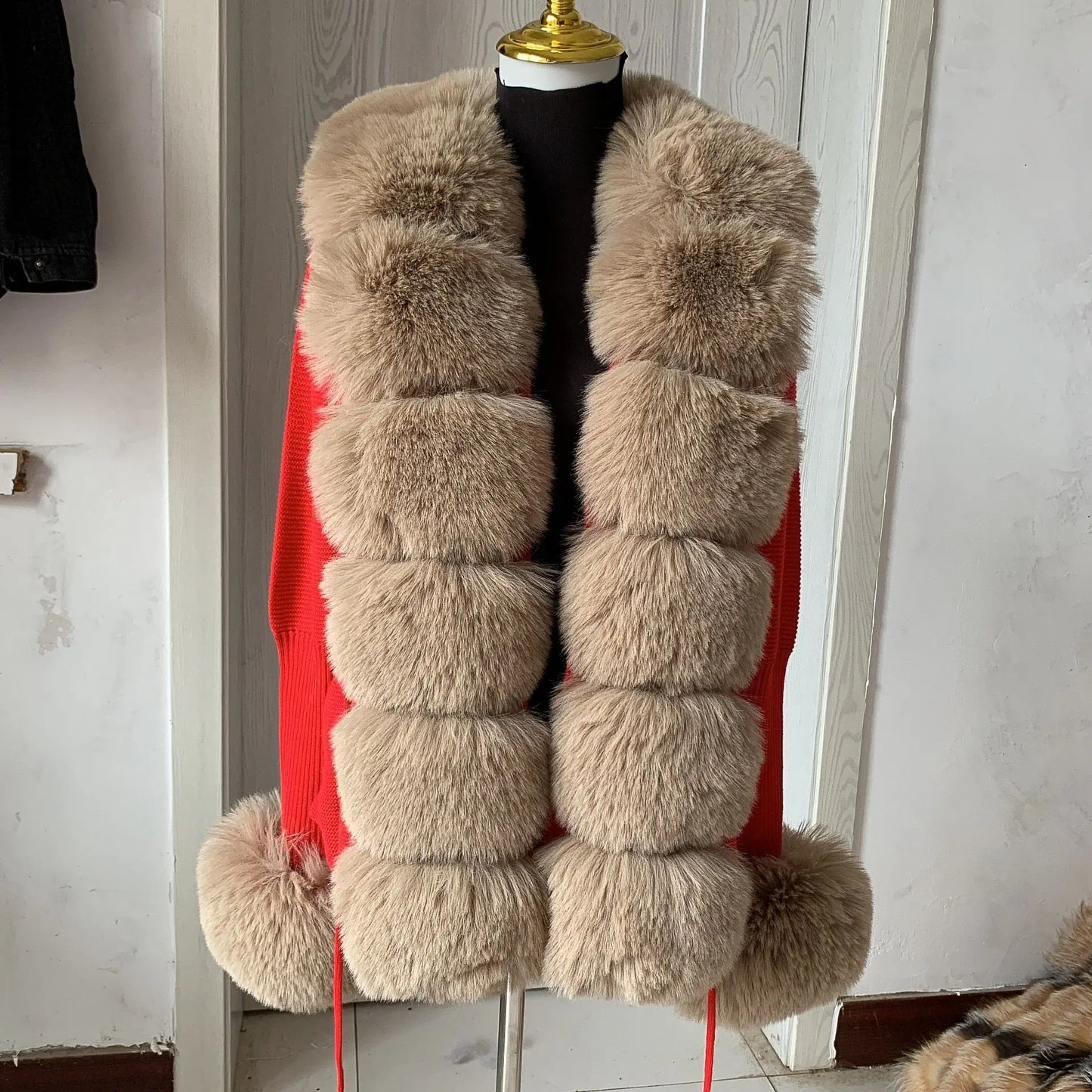 Faux Fur Knit Sweater Cardigan with Faux Fox Fur Collar Ladies Coat