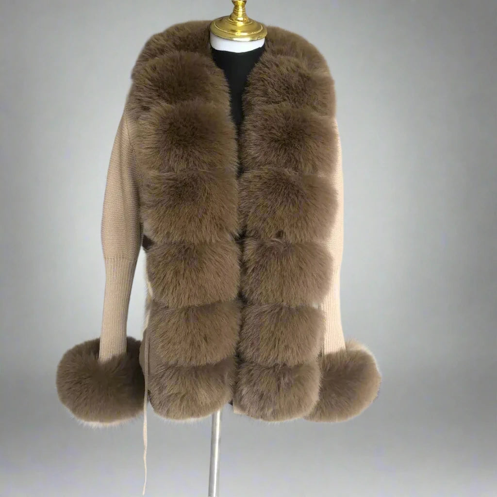 Faux Fur Knit Sweater Cardigan with Faux Fox Fur Collar Ladies Coat