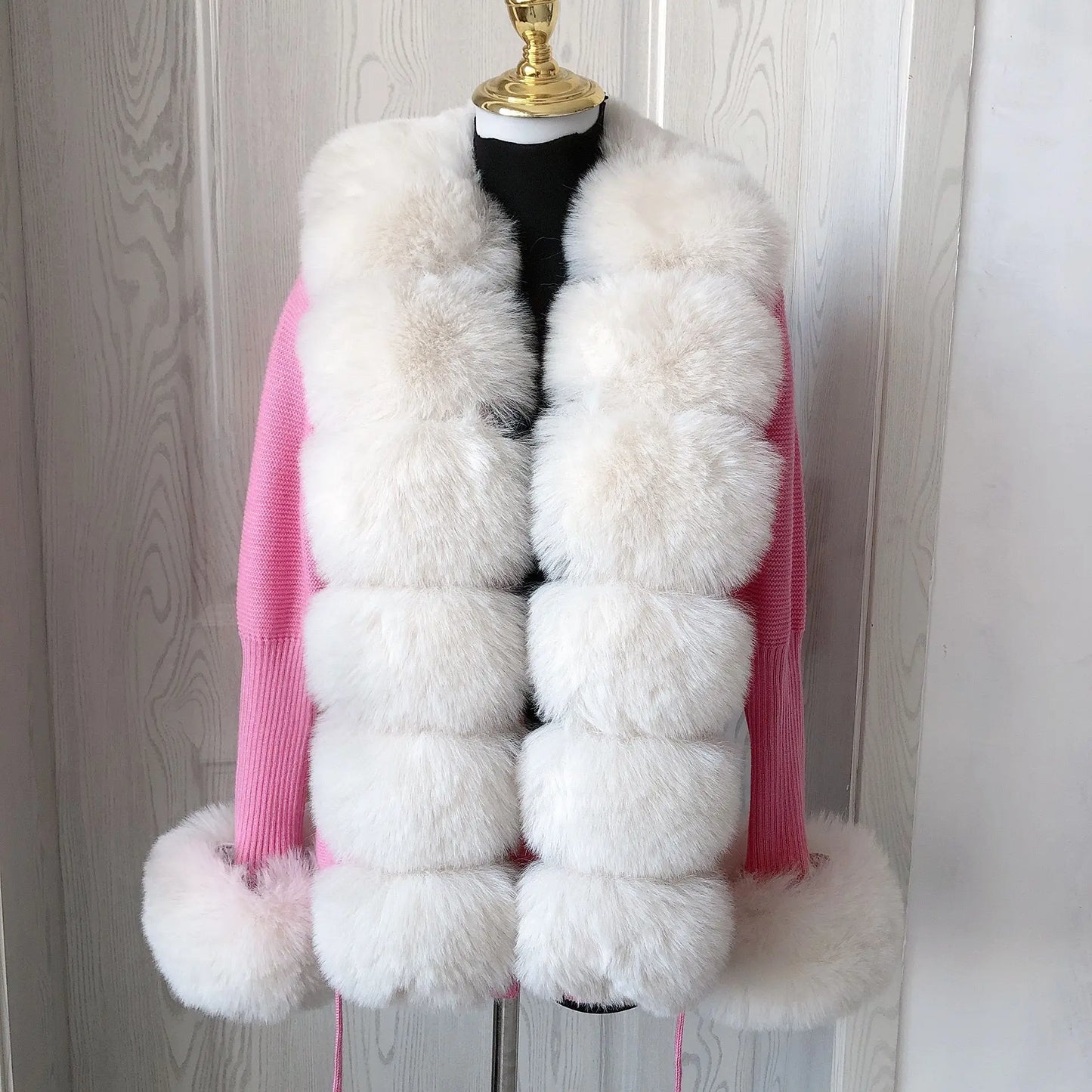 Faux Fur Knit Sweater Cardigan with Faux Fox Fur Collar Ladies Coat