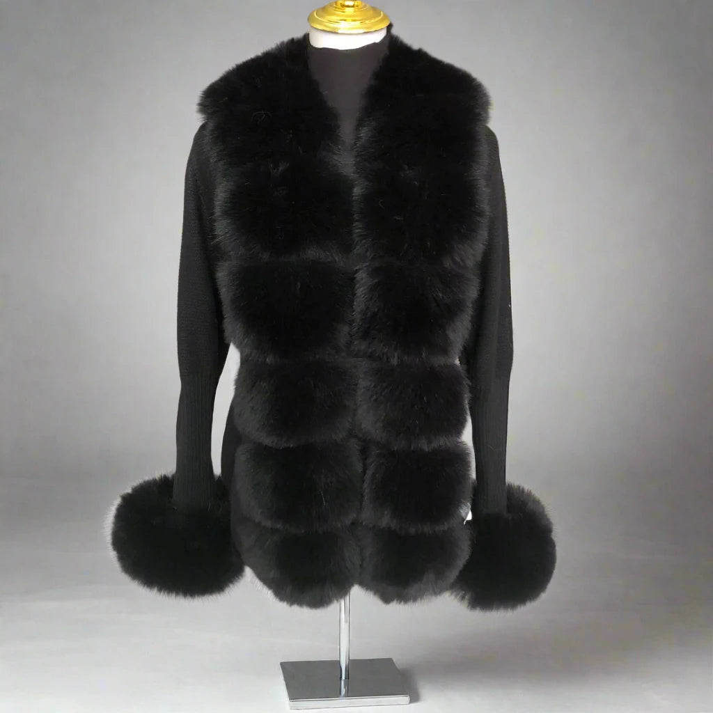 Faux Fur Knit Sweater Cardigan with Faux Fox Fur Collar Ladies Coat