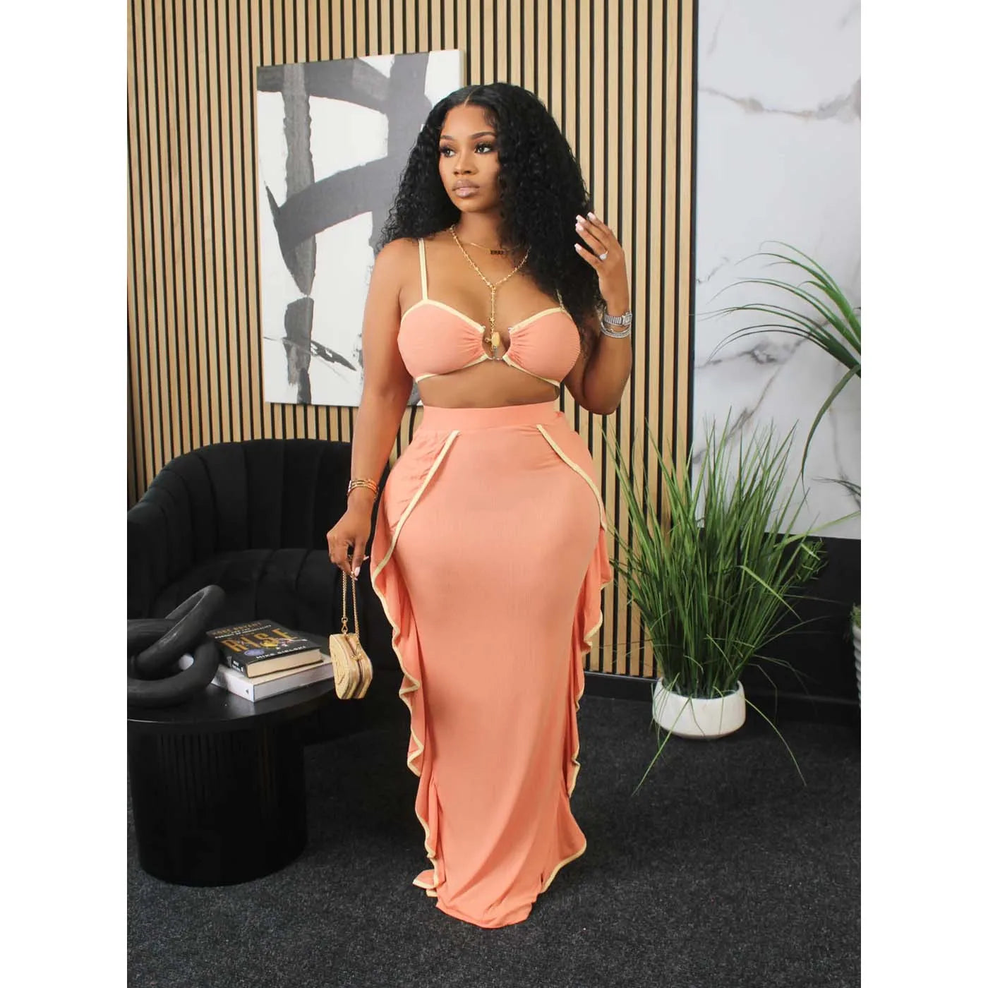 Ruffle Ribbed Two Piece Dress