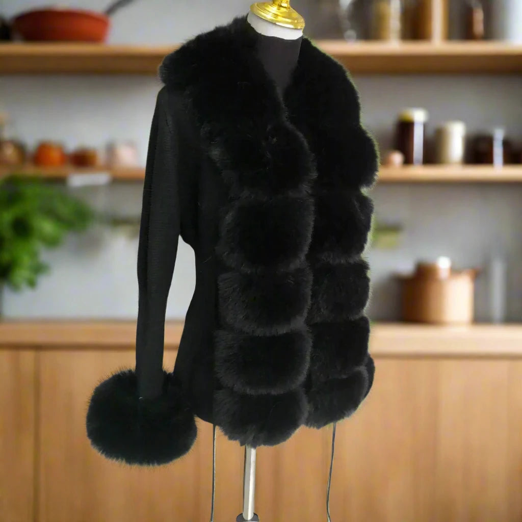 Faux Fur Knit Sweater Cardigan with Faux Fox Fur Collar Ladies Coat