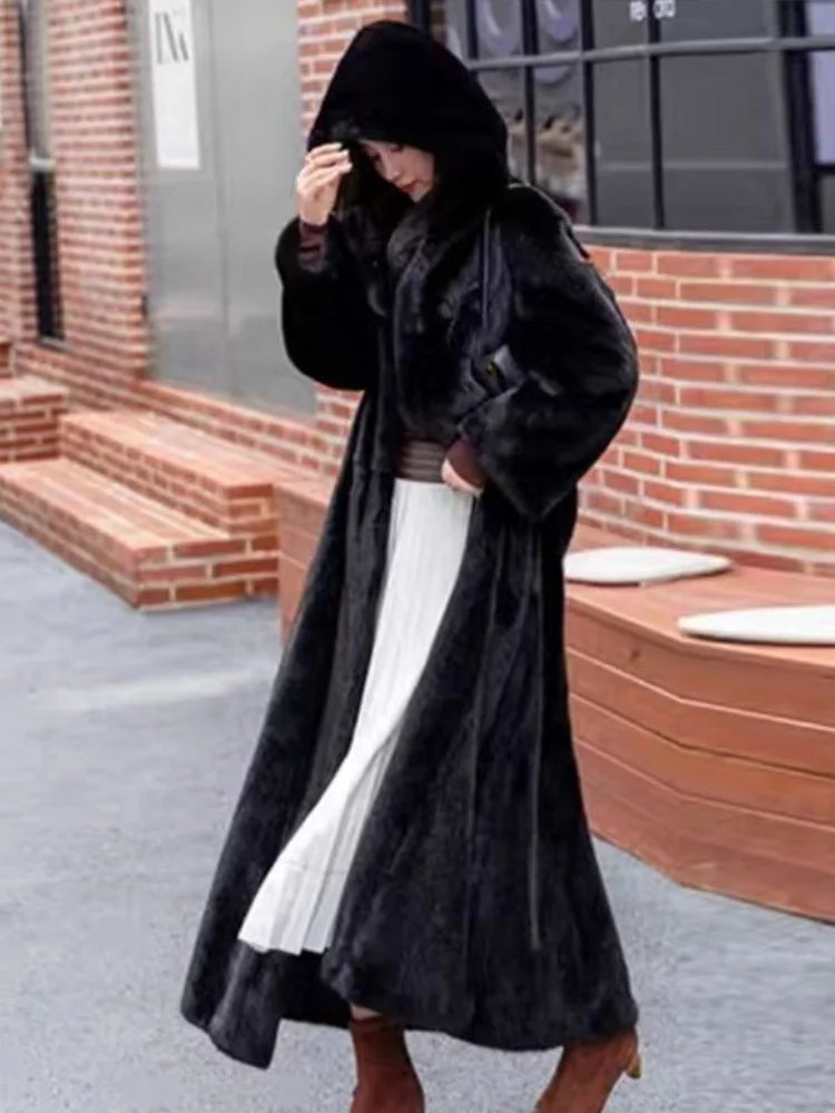 Faux Fur Hooded Coat With Belt