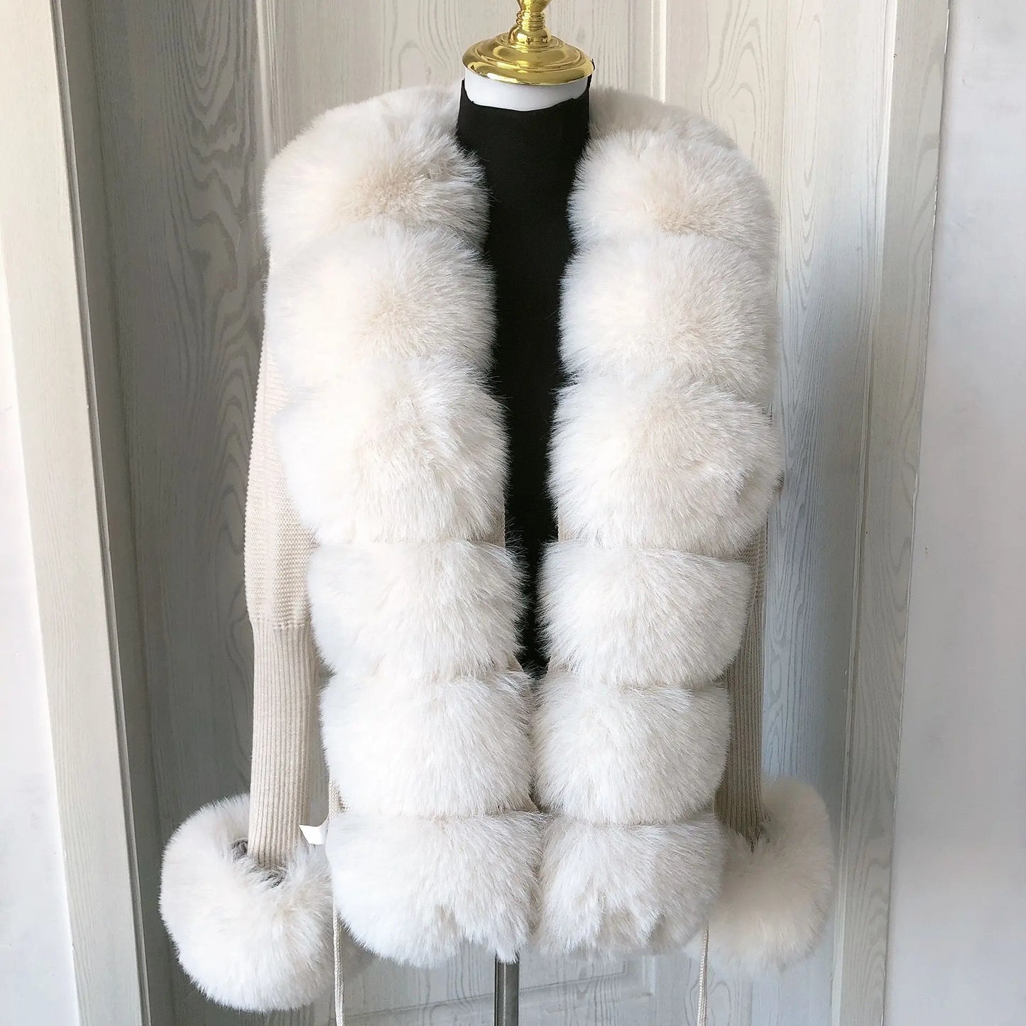 Faux Fur Knit Sweater Cardigan with Faux Fox Fur Collar Ladies Coat