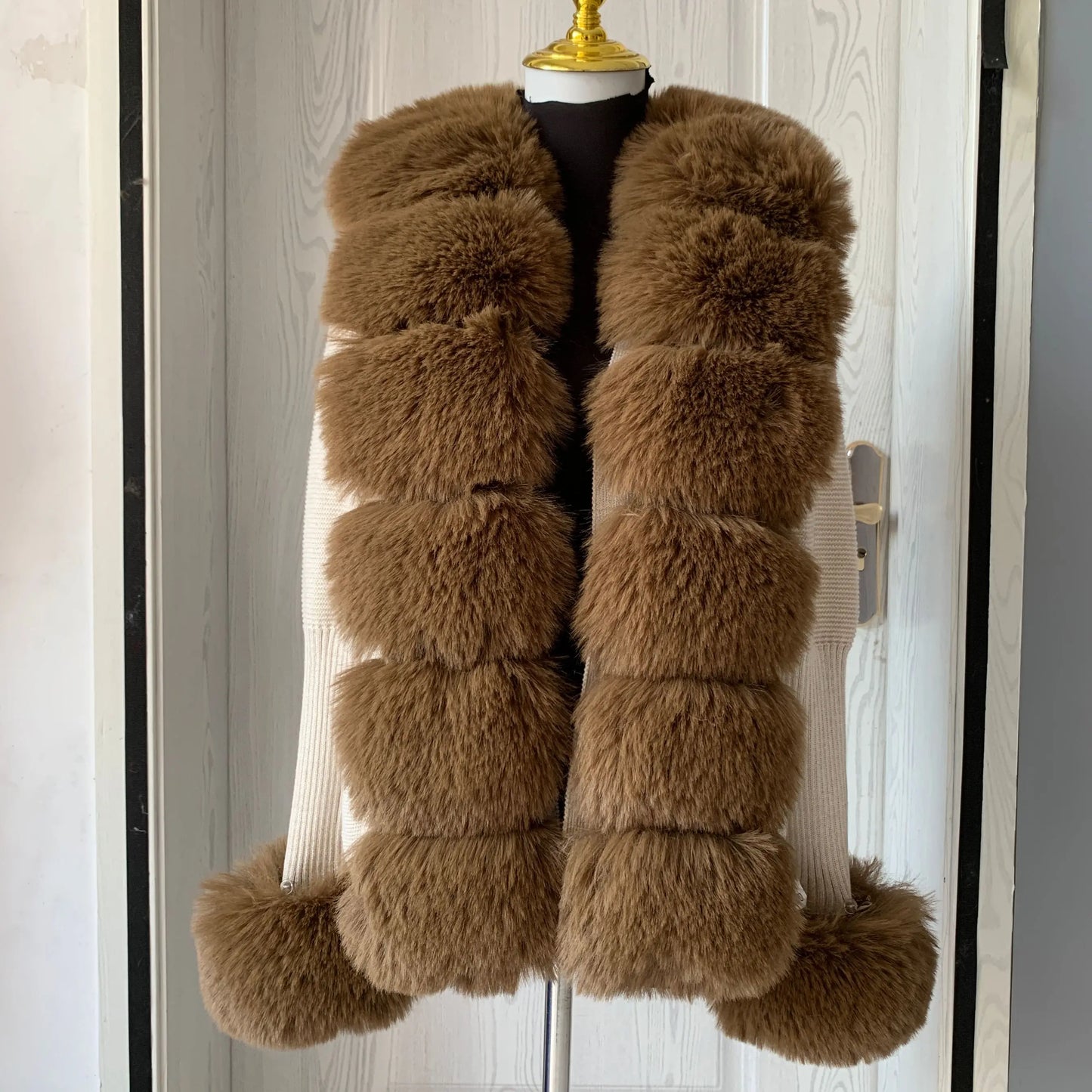 Faux Fur Knit Sweater Cardigan with Faux Fox Fur Collar Ladies Coat