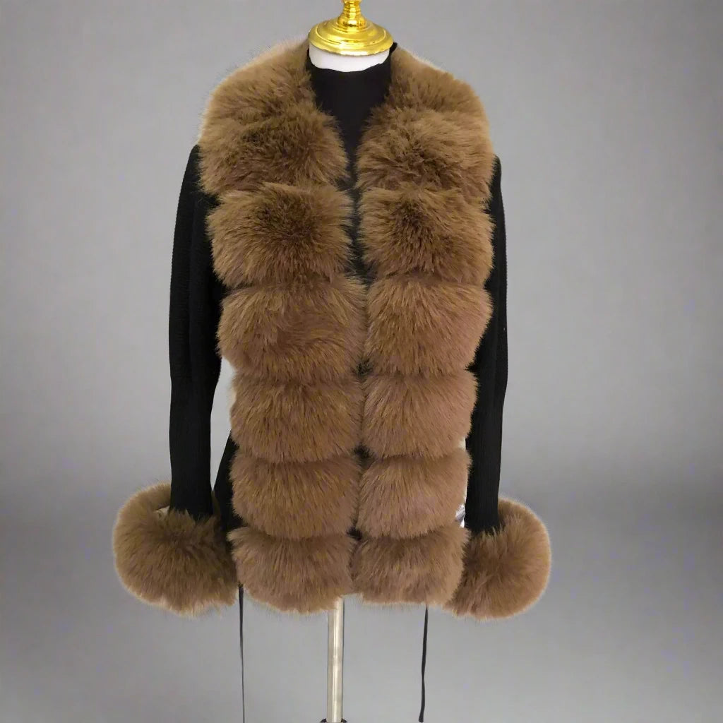 Faux Fur Knit Sweater Cardigan with Faux Fox Fur Collar Ladies Coat