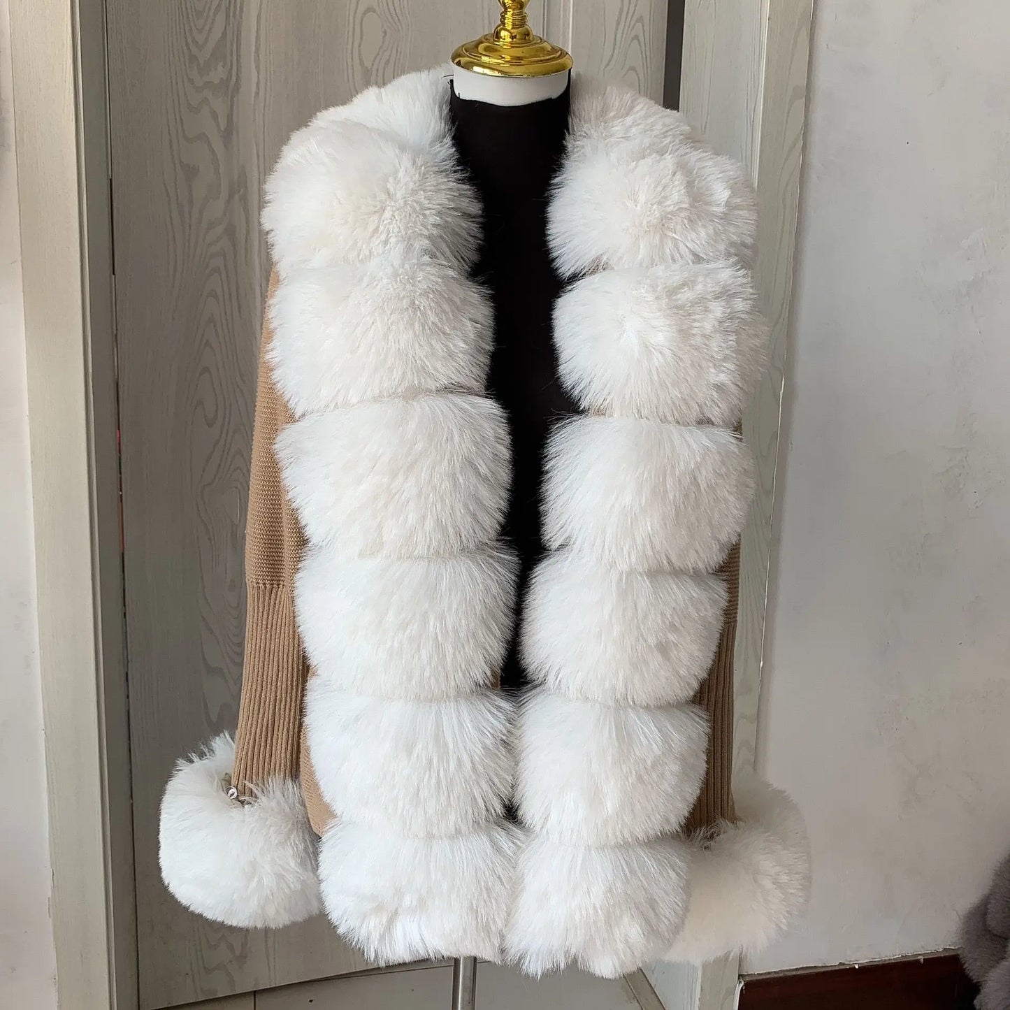 Faux Fur Knit Sweater Cardigan with Faux Fox Fur Collar Ladies Coat