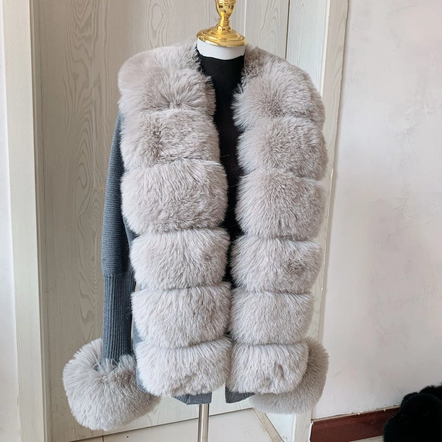Faux Fur Knit Sweater Cardigan with Faux Fox Fur Collar Ladies Coat