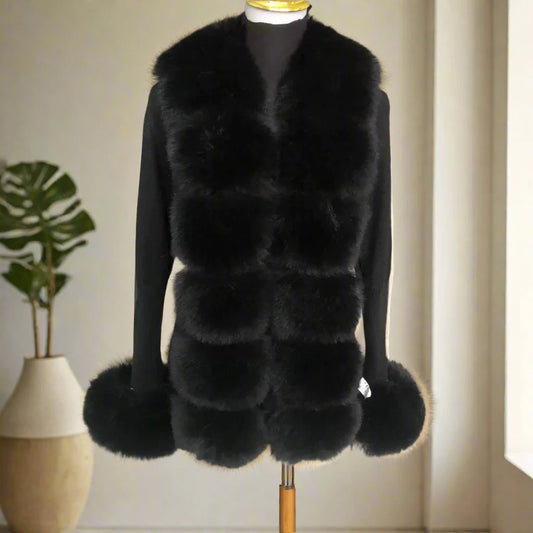 Faux Fur Knit Sweater Cardigan with Faux Fox Fur Collar Ladies Coat