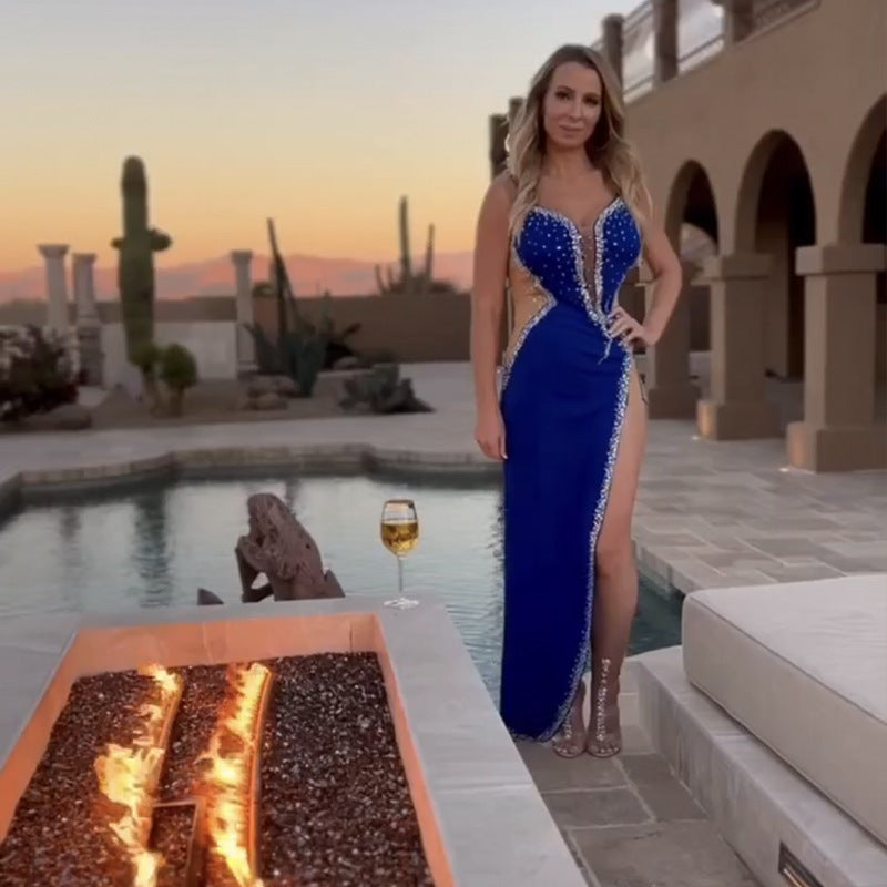 Luxury V neck Rhinestone Beaded Lace Dress