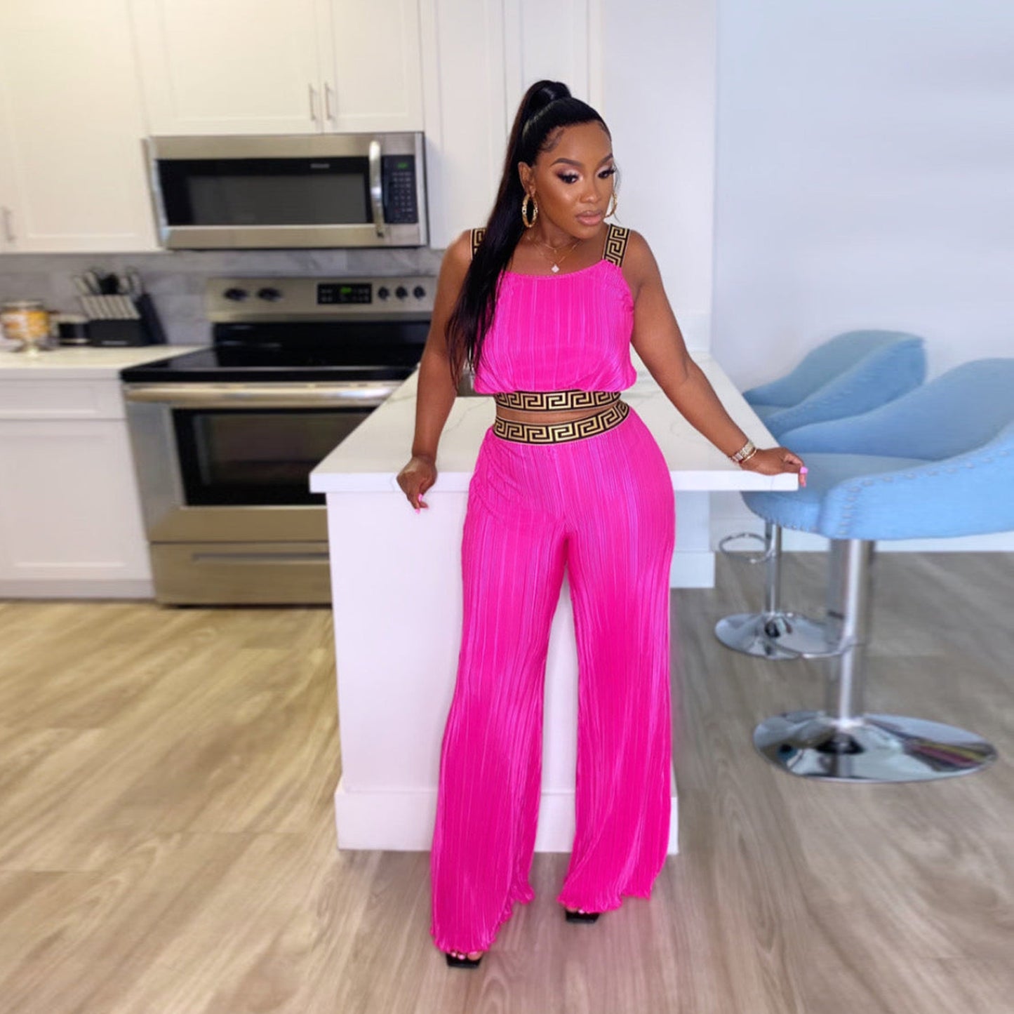 Popular Pleated Wide Leg Two Piece Set