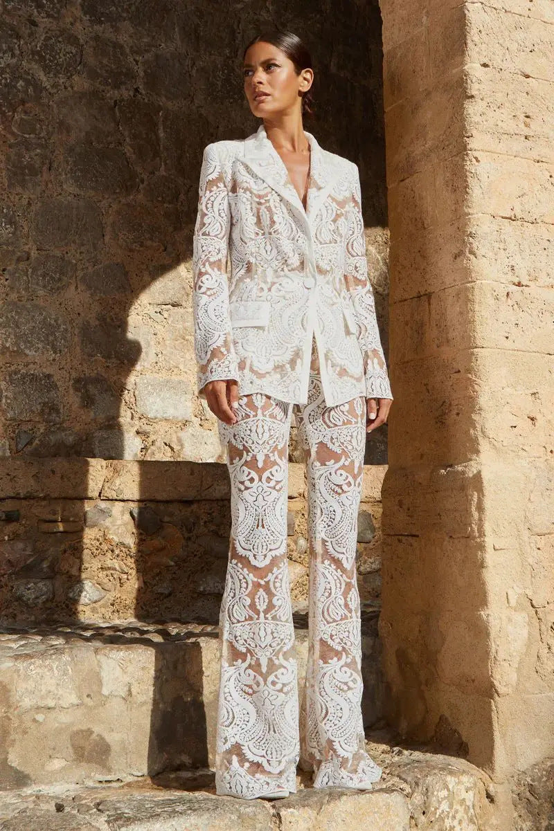 Two Piece Mesh  Embroidery Blazer Suit