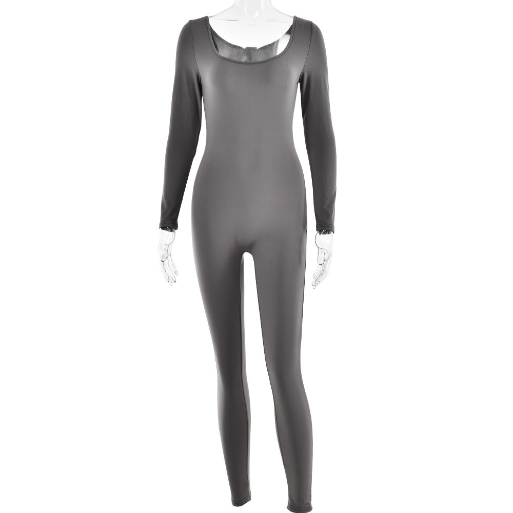 Soft High Elastic Long Sleeve U Collar Jumpsuit