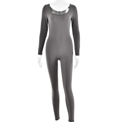 Soft High Elastic Long Sleeve U Collar Jumpsuit