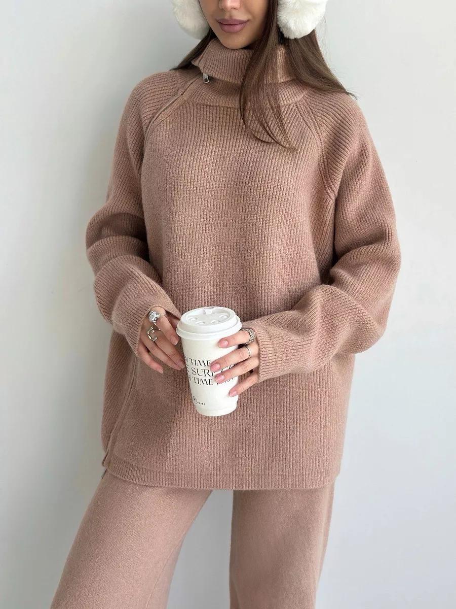 High Collar Knitted Zipper Sweater Set
