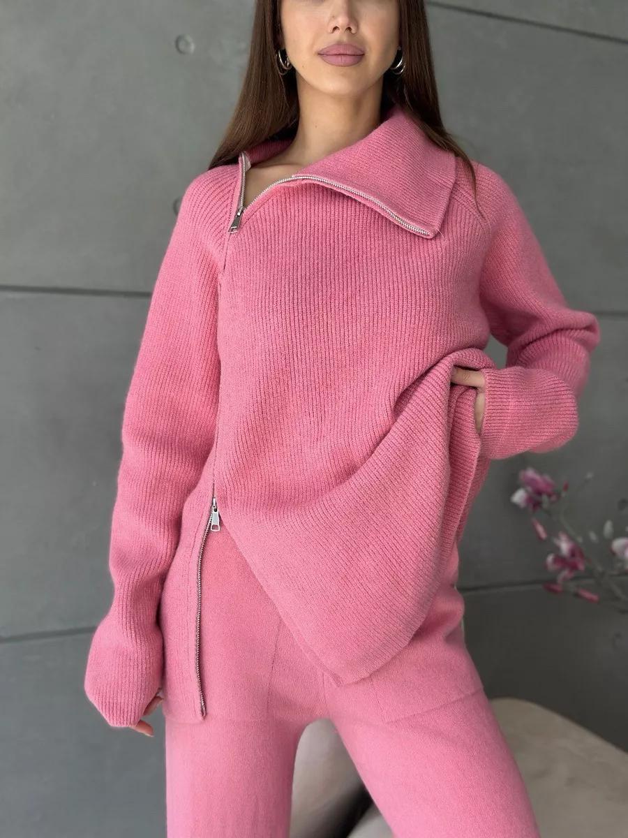 High Collar Knitted Zipper Sweater Set