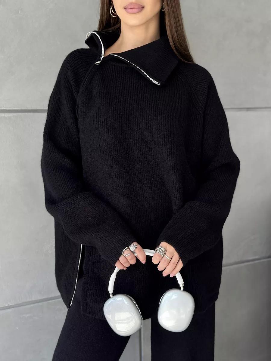 High Collar Knitted Zipper Sweater Set