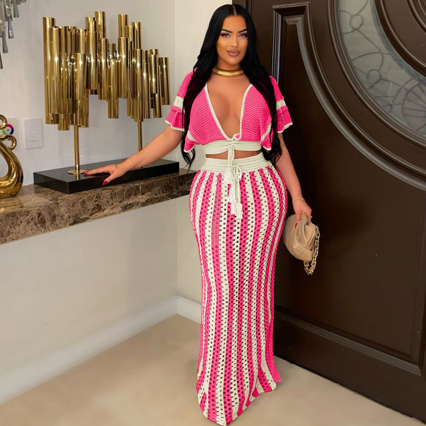 V Neck Hollow Out Striped Knitted Skirt Set
