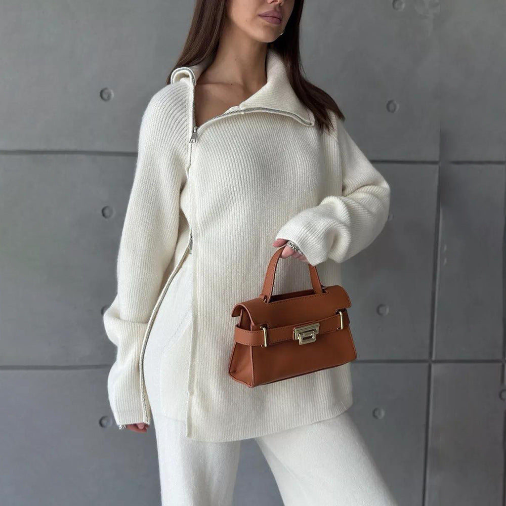 High Collar Knitted Zipper Sweater Set
