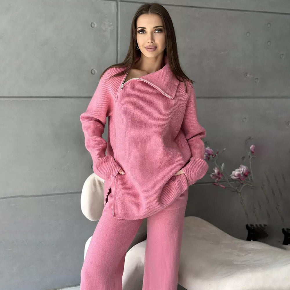 High Collar Knitted Zipper Sweater Set