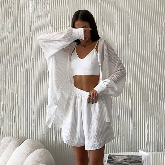 Long Sleeve Vertical Pattern Shirt Shorts Suit