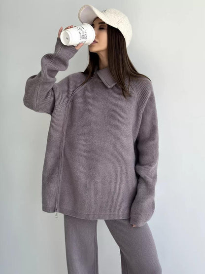 High Collar Knitted Zipper Sweater Set