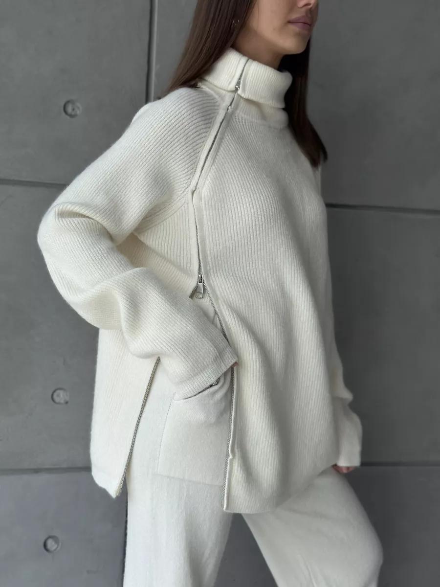 High Collar Knitted Zipper Sweater Set