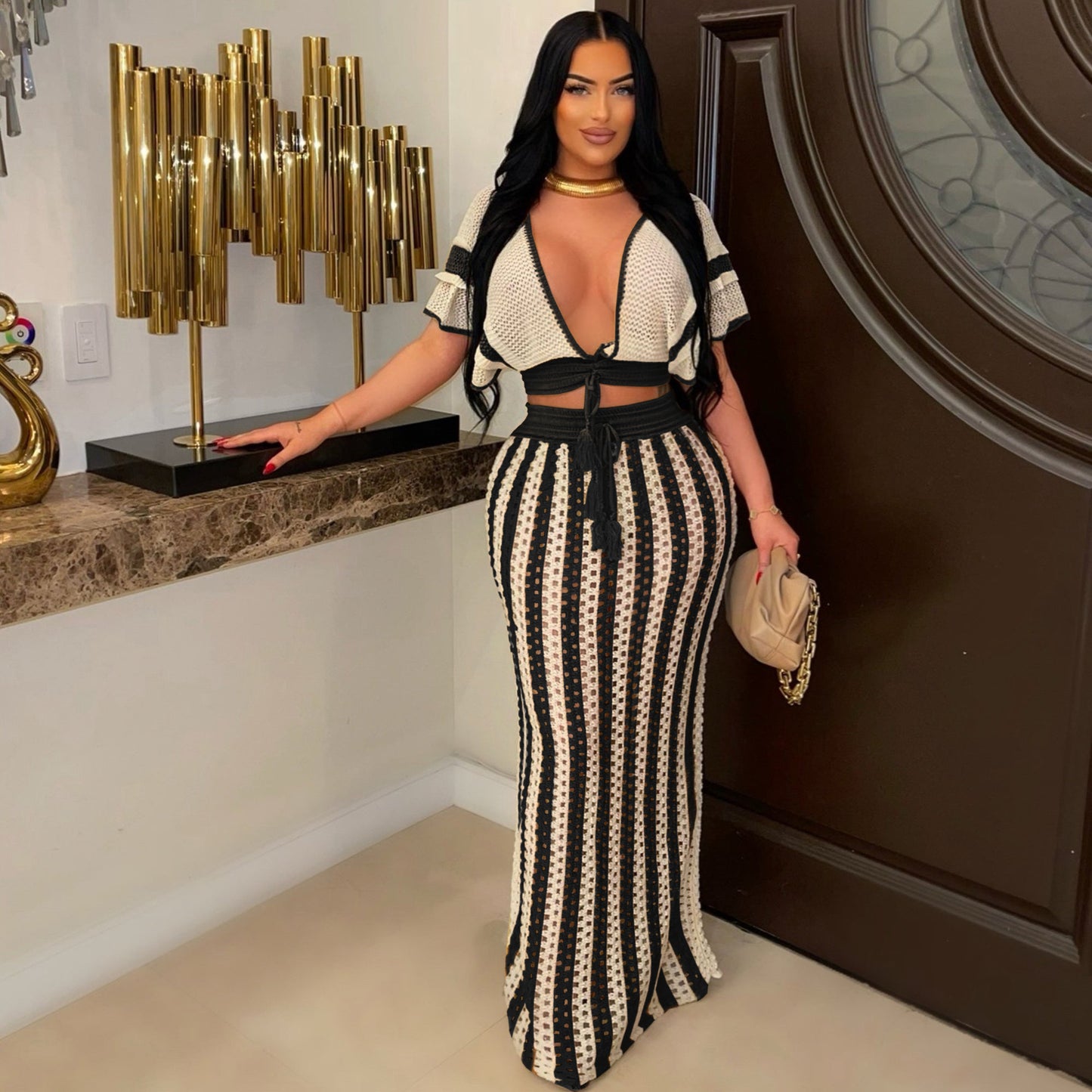 V Neck Hollow Out Striped Knitted Skirt Set