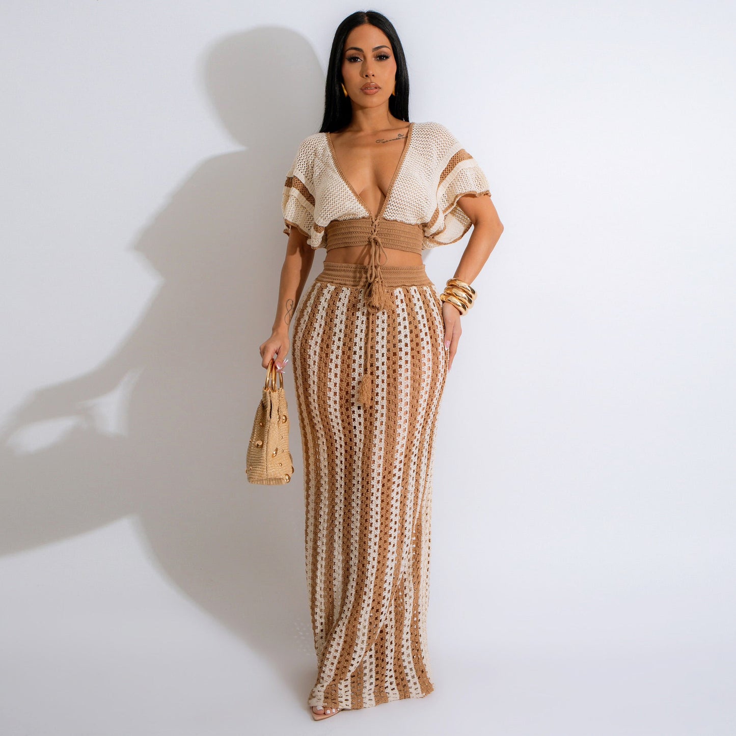 V Neck Hollow Out Striped Knitted Skirt Set