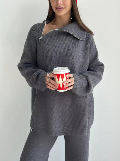 High Collar Knitted Zipper Sweater Set