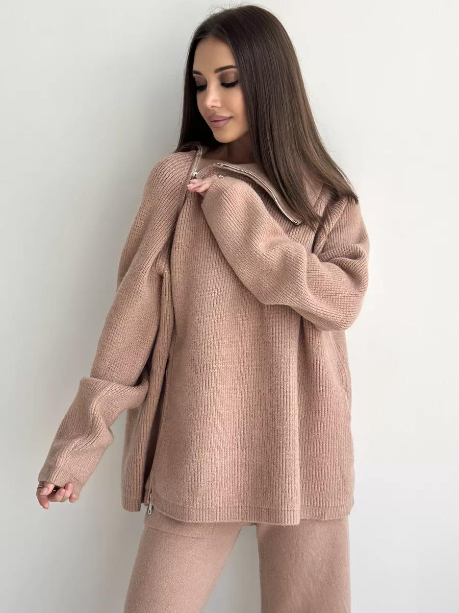 High Collar Knitted Zipper Sweater Set