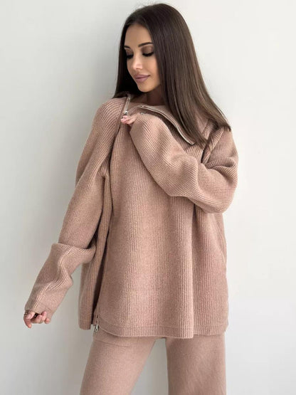 High Collar Knitted Zipper Sweater Set
