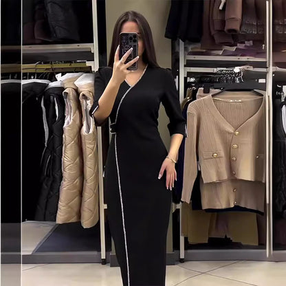 Autumn Long Sleeve V neck Rhinestone Slim Fit Split Dress
