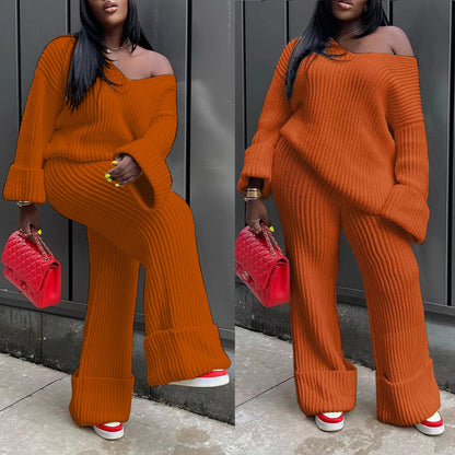 Crochet Knitted  2 Piece Sweater Pant Set