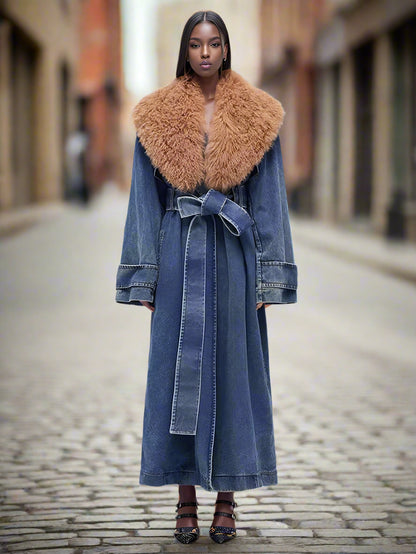 B Luxe Denim Fur Collard Overcoat
