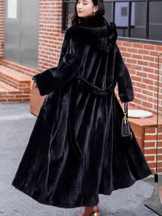 Faux Fur Hooded Coat With Belt