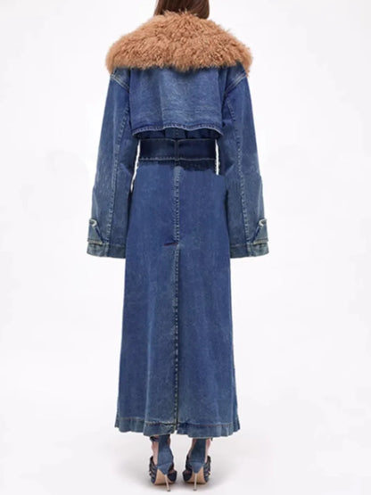 B Luxe Denim Fur Collard Overcoat